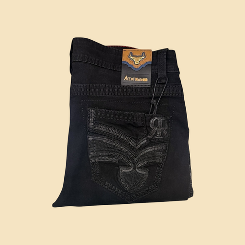 Lopez Fashion Ace of DIAMOND black denim jeans featuring intricate tonal embroidery and decorative back pocket detail.