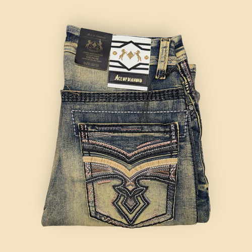 Lopez Fashion Ace of DIAMOND men's vintage-wash denim jeans with intricate geometric embroidery on the back pocket.