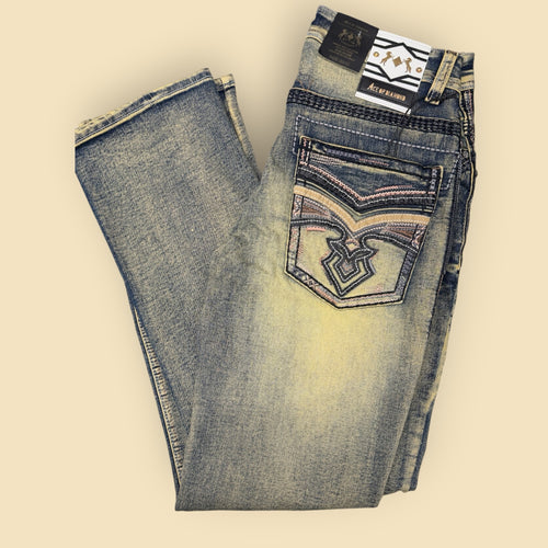 Lopez Fashion Ace of DIAMOND denim jeans with vintage wash, heavy fading, and intricate geometric back pocket embroidery