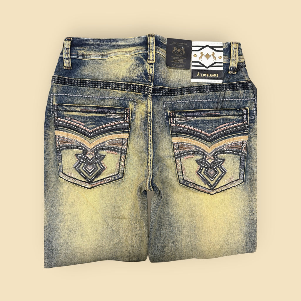 Lopez Fashion Ace of DIAMOND denim jeans with vintage wash, heavy whiskering, and intricate back pocket embroidery.