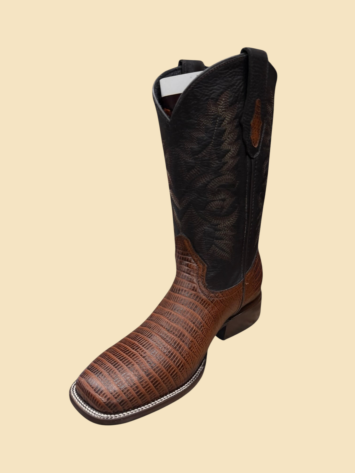 Lopez Fashion Bison Boots featuring a brown lizard-print leather vamp, black shaft, and square toe design.