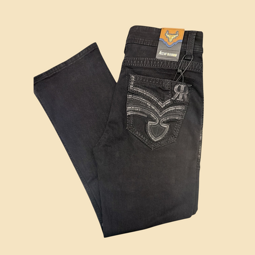 Lopez Fashion Ace of DIAMOND black denim jeans featuring intricate tonal embroidery and decorative back pocket detail