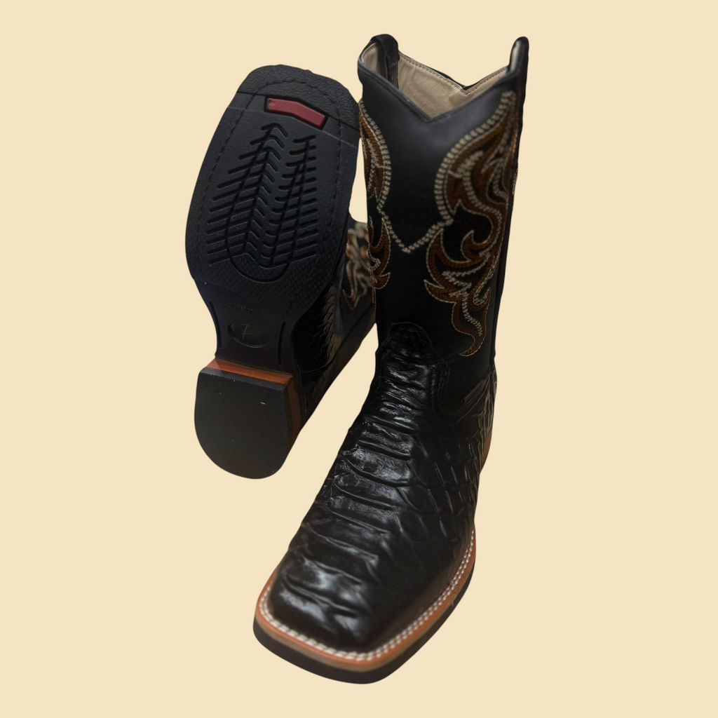 Lopez Fashion black exotic-print square toe cowboy boots with intricate embroidery and durable rubber outsoles.