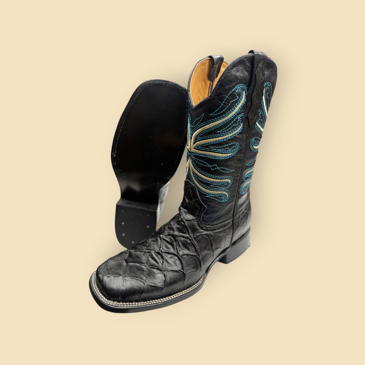 Lopez Fashion black exotic leather cowboy boots with square toe, textured scales, and blue and cream embroidery.