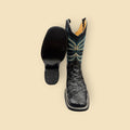 Lopez Fashion black exotic leather cowboy boots with square toe, textured scales, and blue and cream shaft embroidery.