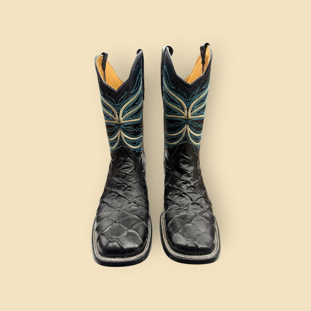 Lopez Fashion black exotic leather cowboy boots with square toe and blue and cream embroidered shaft detail