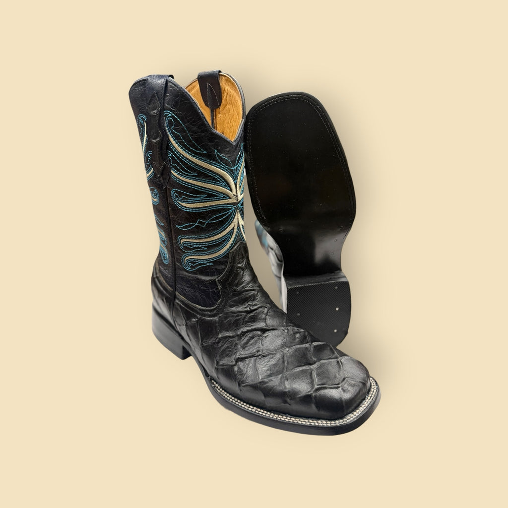 Lopez Fashion black exotic leather cowboy boots with square toe, textured scales, and blue and cream embroidery.