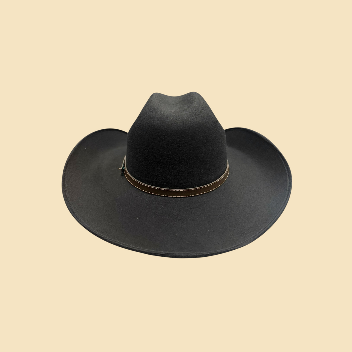 Lopez Fashion black felt cowboy hat with a tan leather band and wide curved brim for a classic western look.