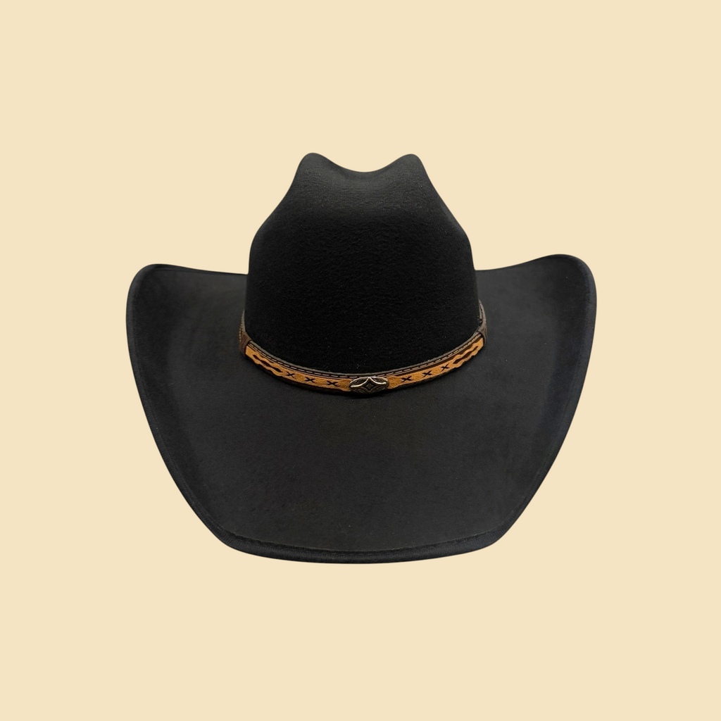 Lopez Fashion black felt cowboy hat with a tan leather band featuring intricate stitching and a metal accent.