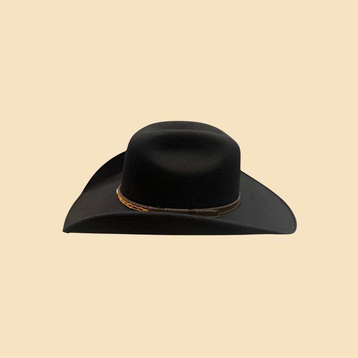 Lopez Fashion black felt cowboy hat with a tan leather band and wide curved brim for a classic western look.