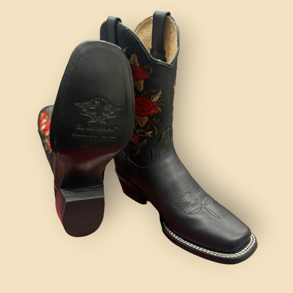 Lopez Fashion EL GENERAL black leather cowboy boots with red floral embroidery and a square toe design.