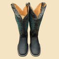 Lopez Fashion black leather cowboy boots with turquoise embroidery and square toe design on a neutral background