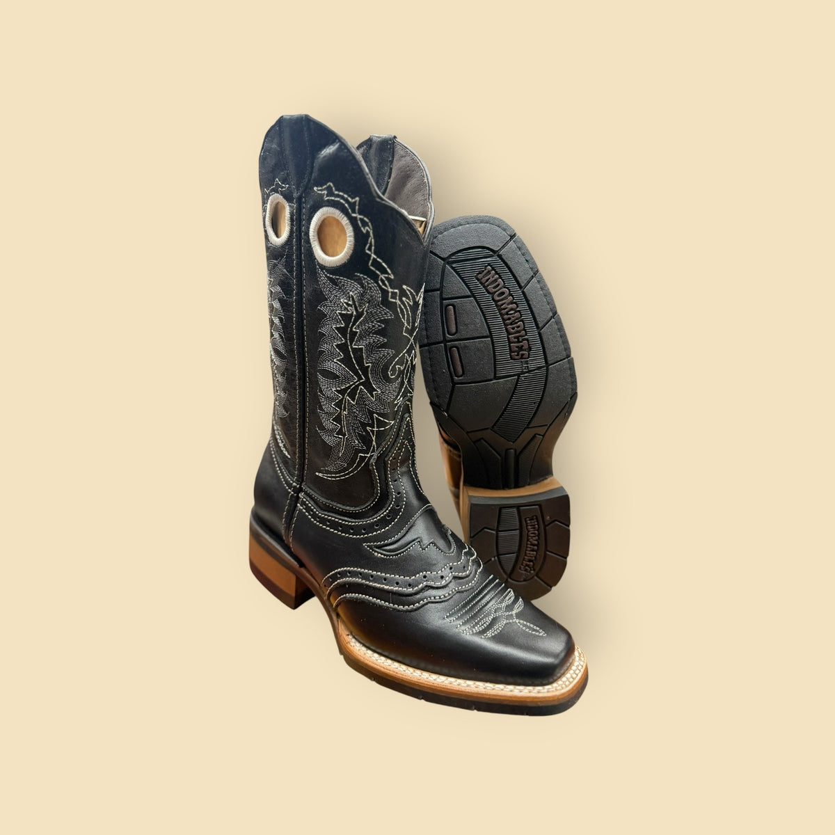 Lopez Fashion black leather cowboy boots with white contrast stitching, square toe, and durable rubber outsole.