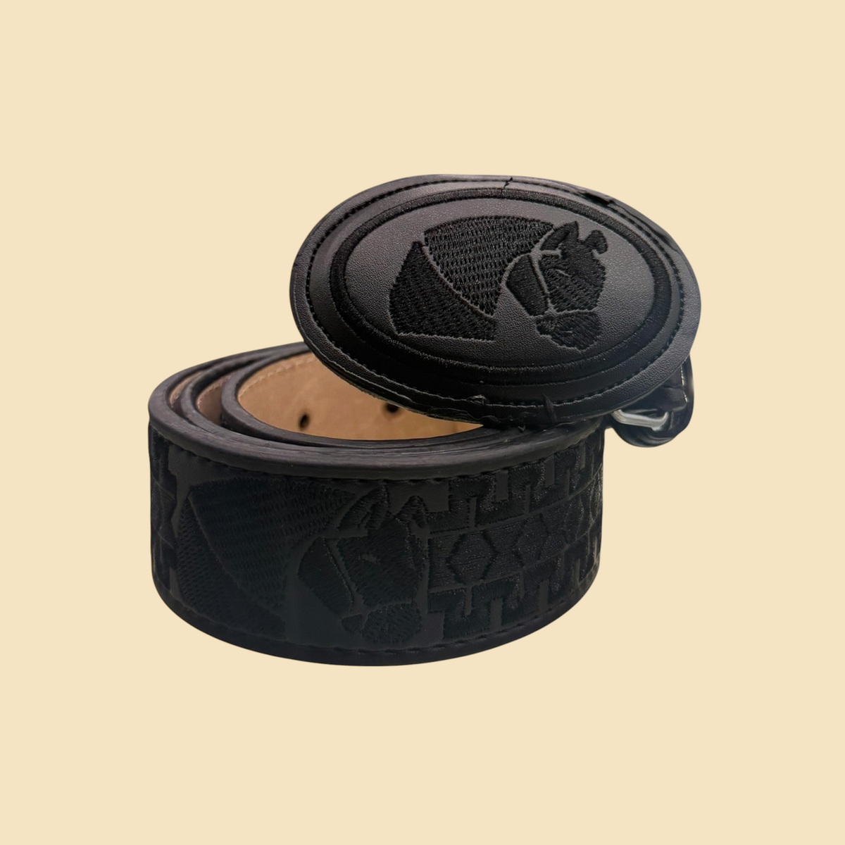 Lopez Fashion black leather western belt with embroidered horse head oval buckle and geometric pattern strap