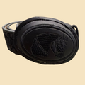 Lopez Fashion black leather western belt featuring an oval buckle with an embroidered horse head motif