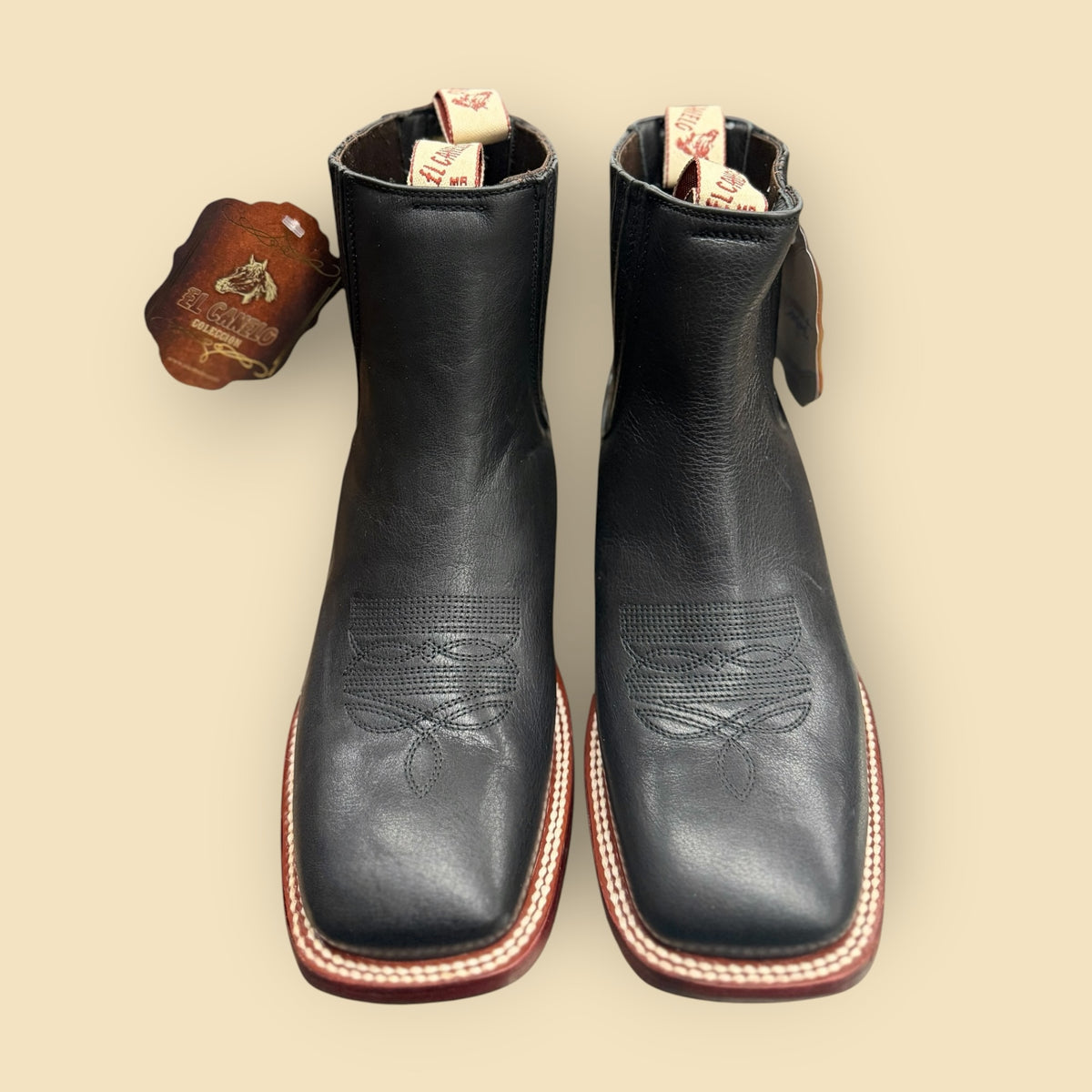 Lopez Fashion black leather square toe Western boots with intricate vamp stitching and pull-on tabs