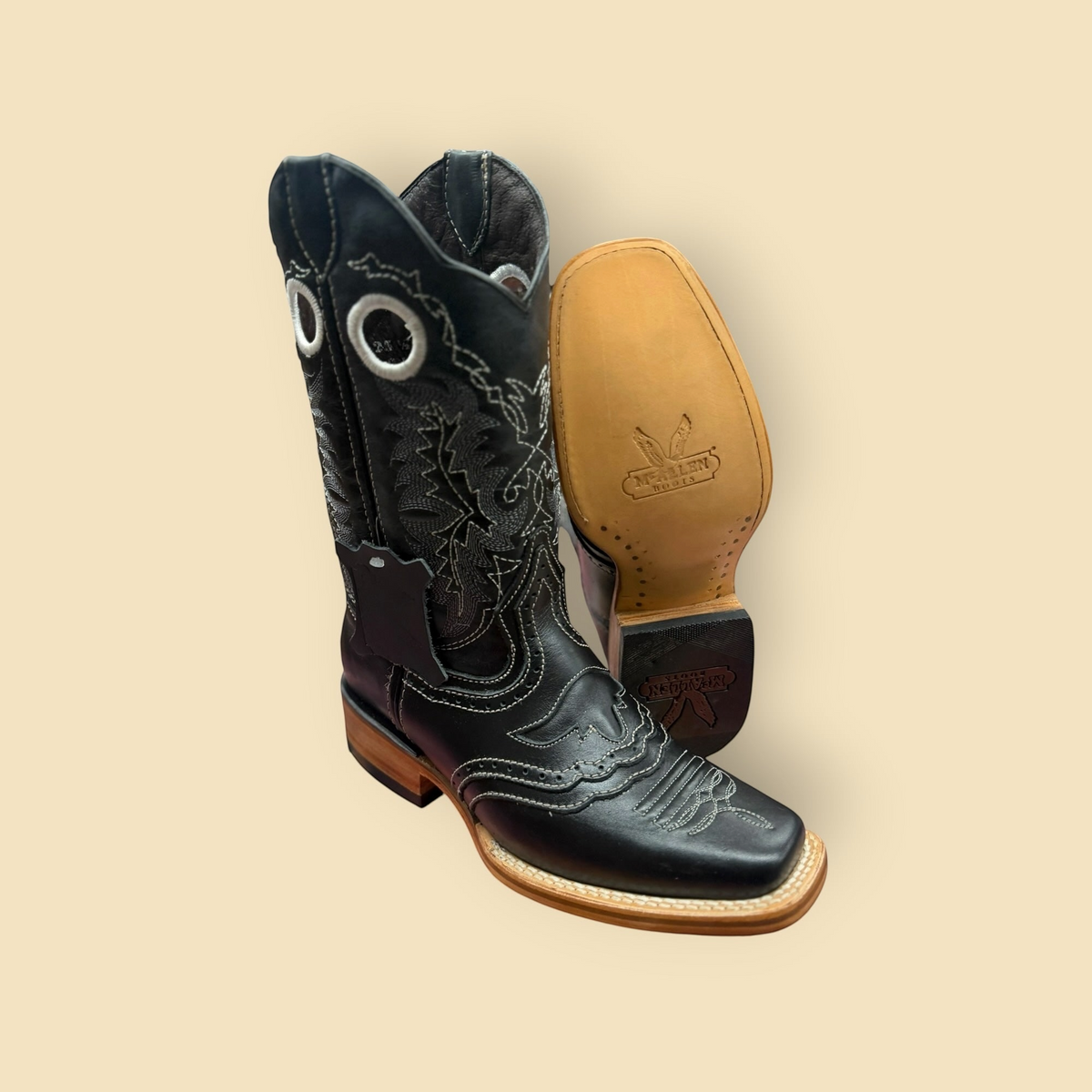 Lopez Fashion McALLEN BOOTS black leather western cowboy boots with white contrast stitching and square toe profile.
