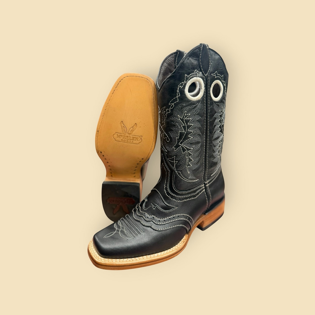 Lopez Fashion McALLEN BOOTS black leather western cowboy boots with white contrast stitching and square toe profile.