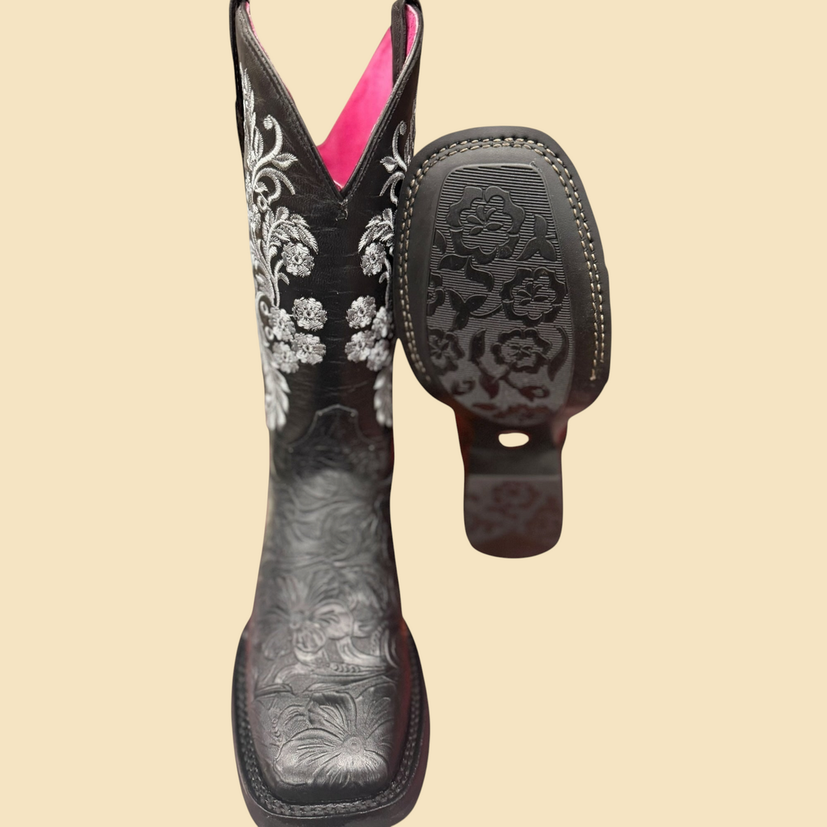 Lopez Fashion black leather cowgirl boots with silver floral embroidery, square toe, and vibrant pink interior lining.