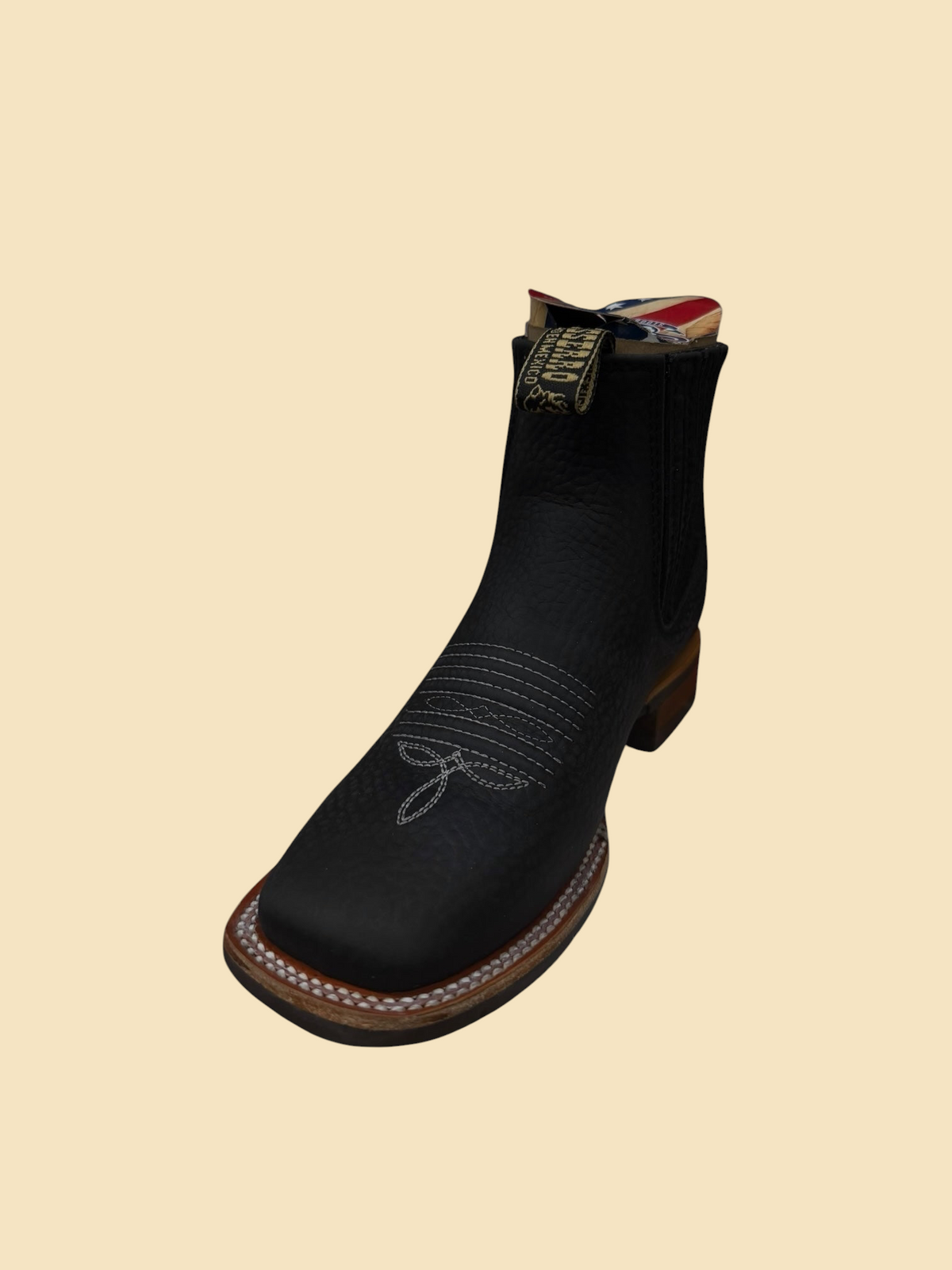 Lopez Fashion BESSERRO black leather western Chelsea boots with a square toe and white decorative stitching.