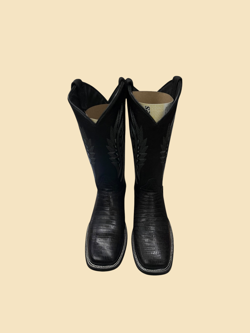 Lopez Fashion black leather cowboy boots with square toe, lizard-print texture, and intricate white shaft stitching.