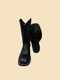 Lopez Fashion BISON BOOTS black leather cowboy boots with lizard-print texture, square toe, and decorative stitching.