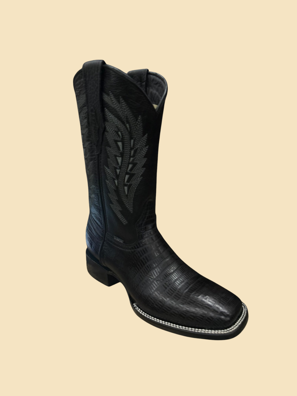 Lopez Fashion black leather cowboy boots with square toe, lizard-print texture, and decorative shaft stitching.