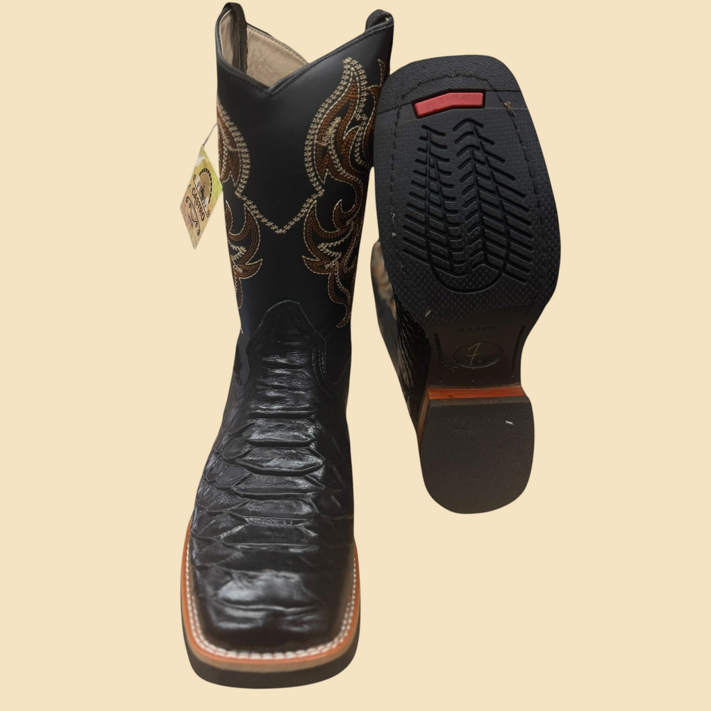 Lopez Fashion black square toe cowboy boots with exotic-print vamp, intricate embroidery, and rubber traction sole.
