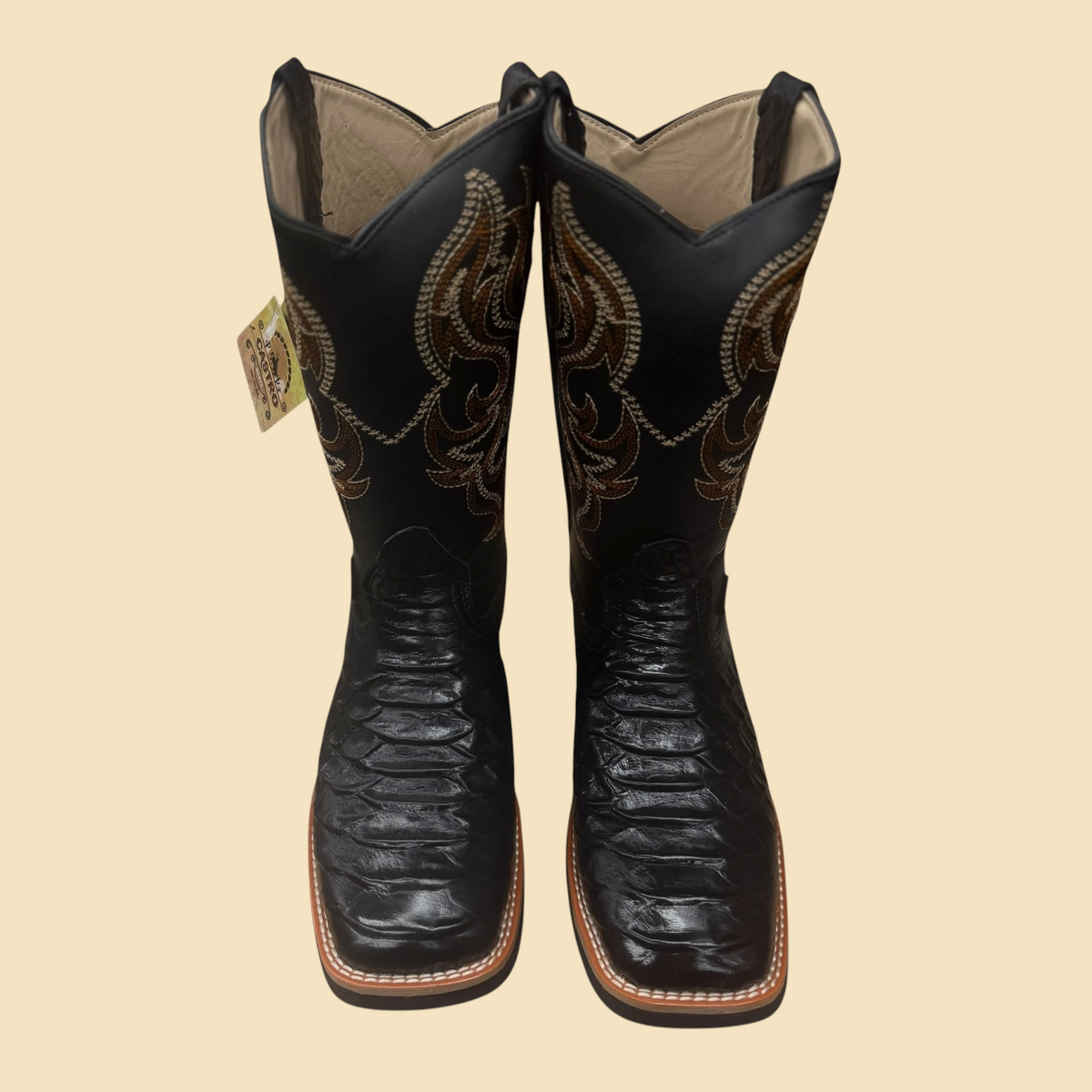 Lopez Fashion black square toe cowboy boots with exotic-print textured vamps and intricate decorative shaft stitching.