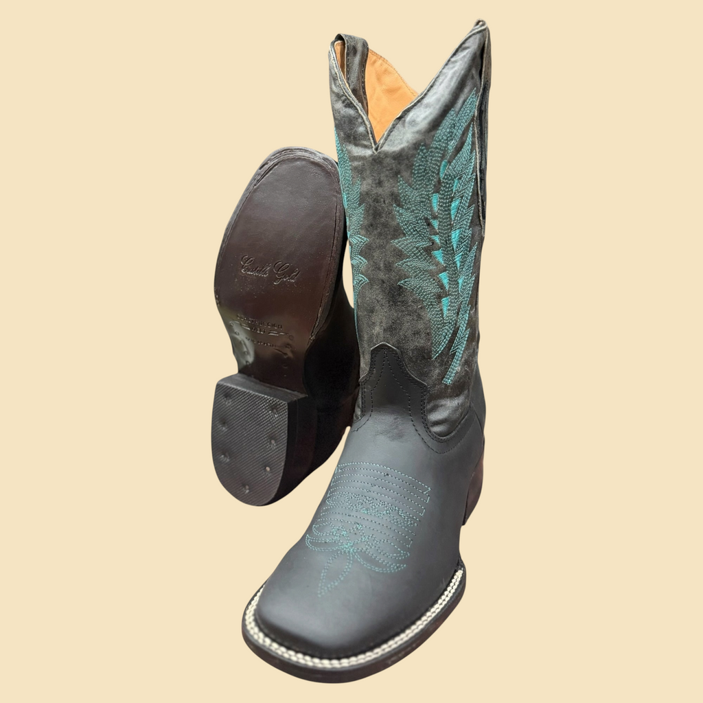 Lopez Fashion Castilla Gold square toe cowboy boots in black leather with turquoise embroidery and leather outsoles.