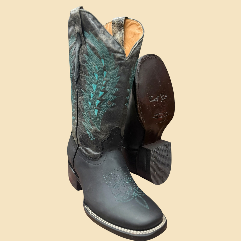 Lopez Fashion Castilla Gold leather cowboy boots with black matte finish, weathered shaft, and turquoise embroidery.