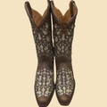 Lopez Fashion brown leather western cowboy boots featuring intricate metallic embroidery, glitter, and rhinestone accents.