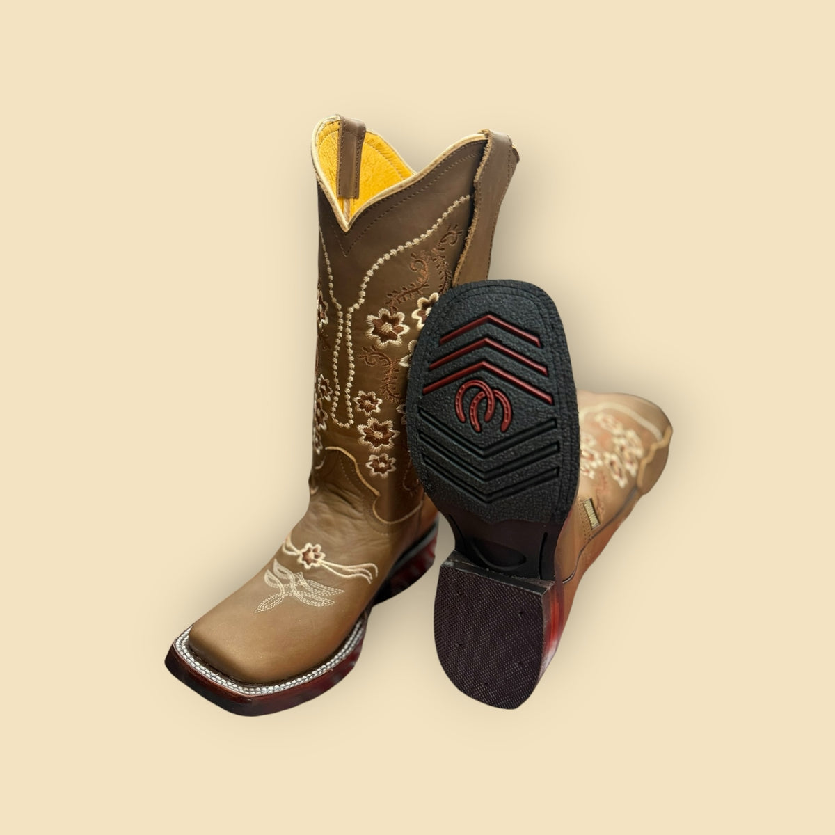 Lopez Fashion brown leather cowgirl boots with floral embroidery, square toe, and yellow lining with rubber outsole