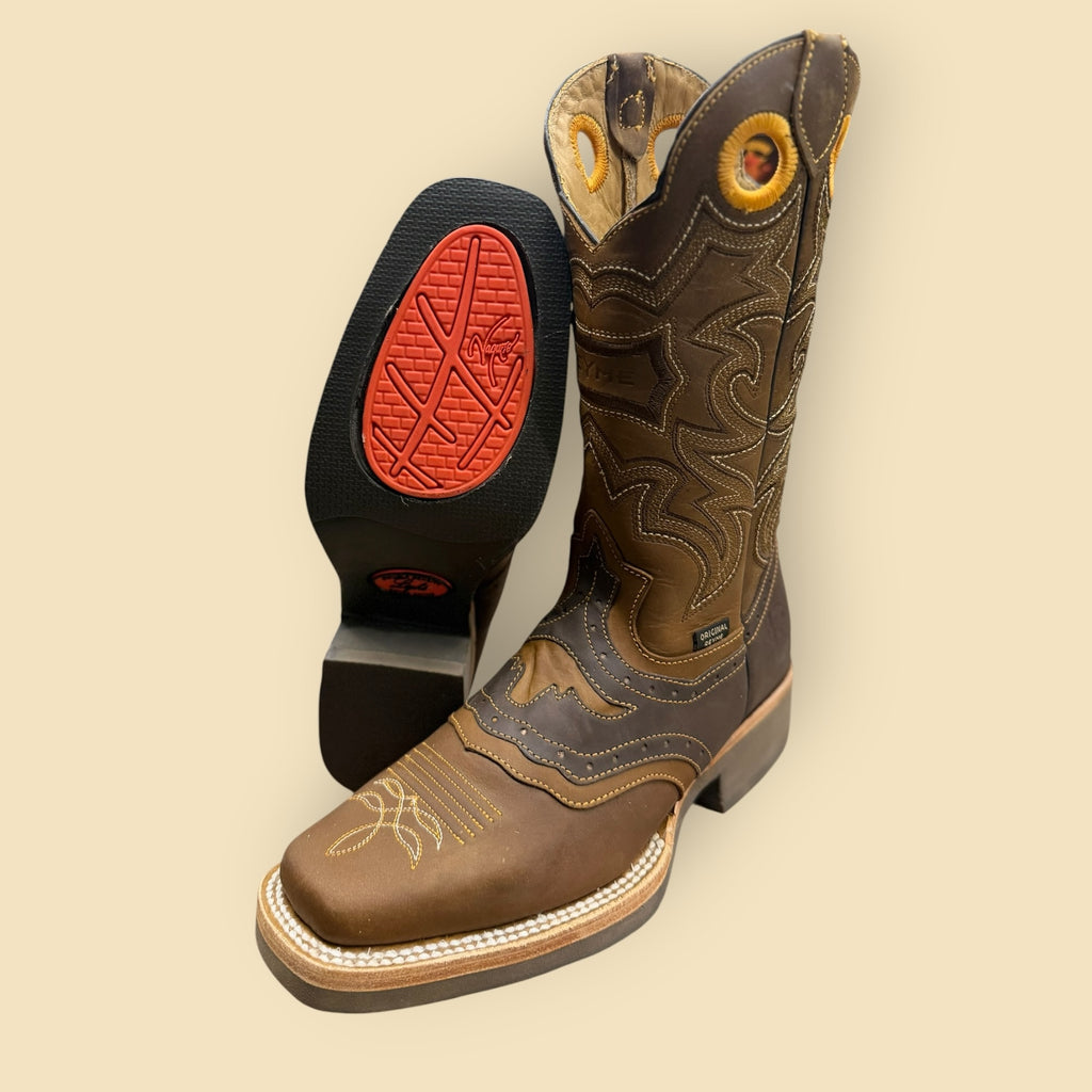 Lopez Fashion REYME brown leather square toe cowboy boots with intricate embroidery and red traction sole insert