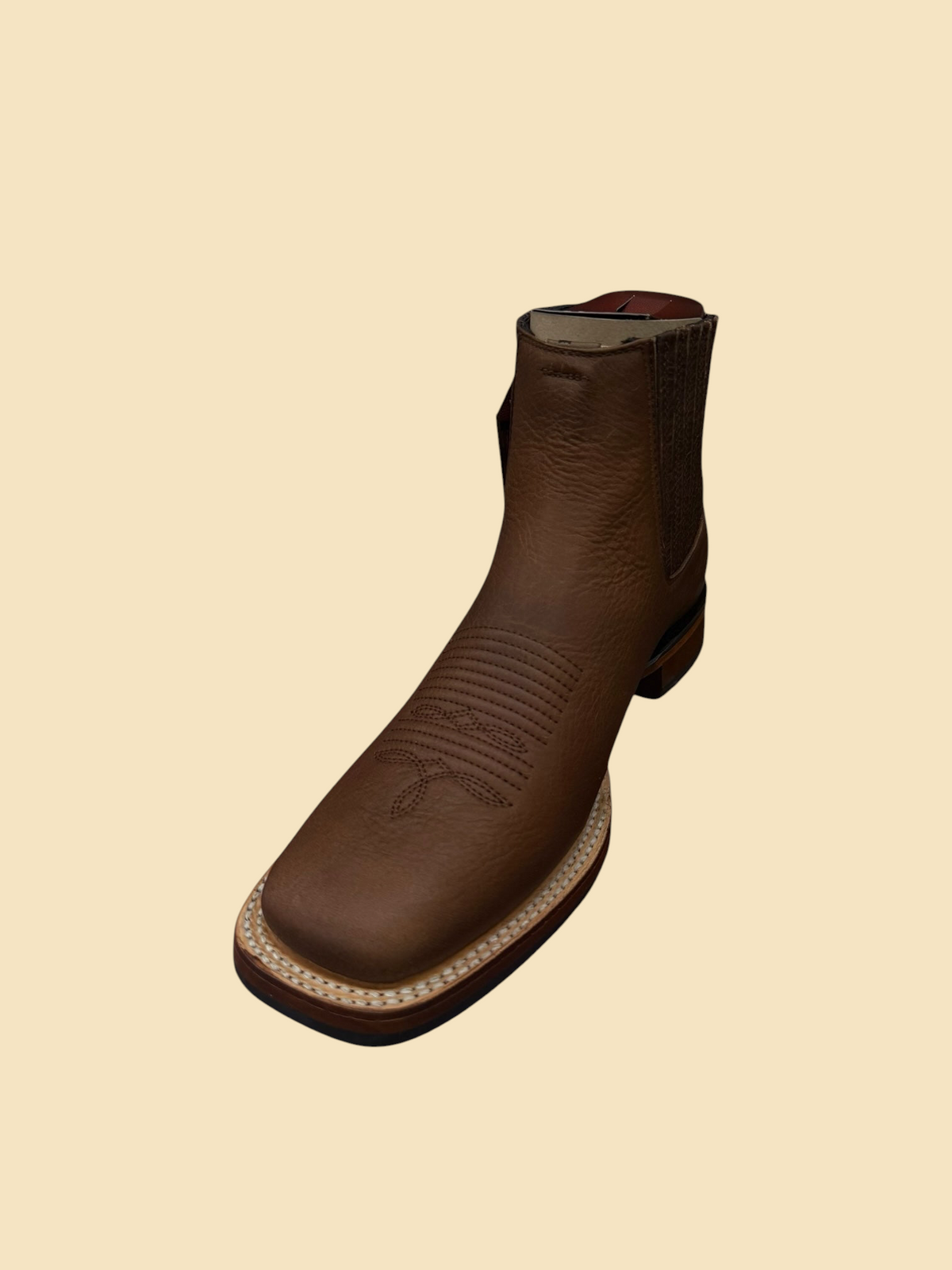 Lopez Fashion brown leather square toe Western Chelsea boots with intricate vamp stitching and elastic side panels.