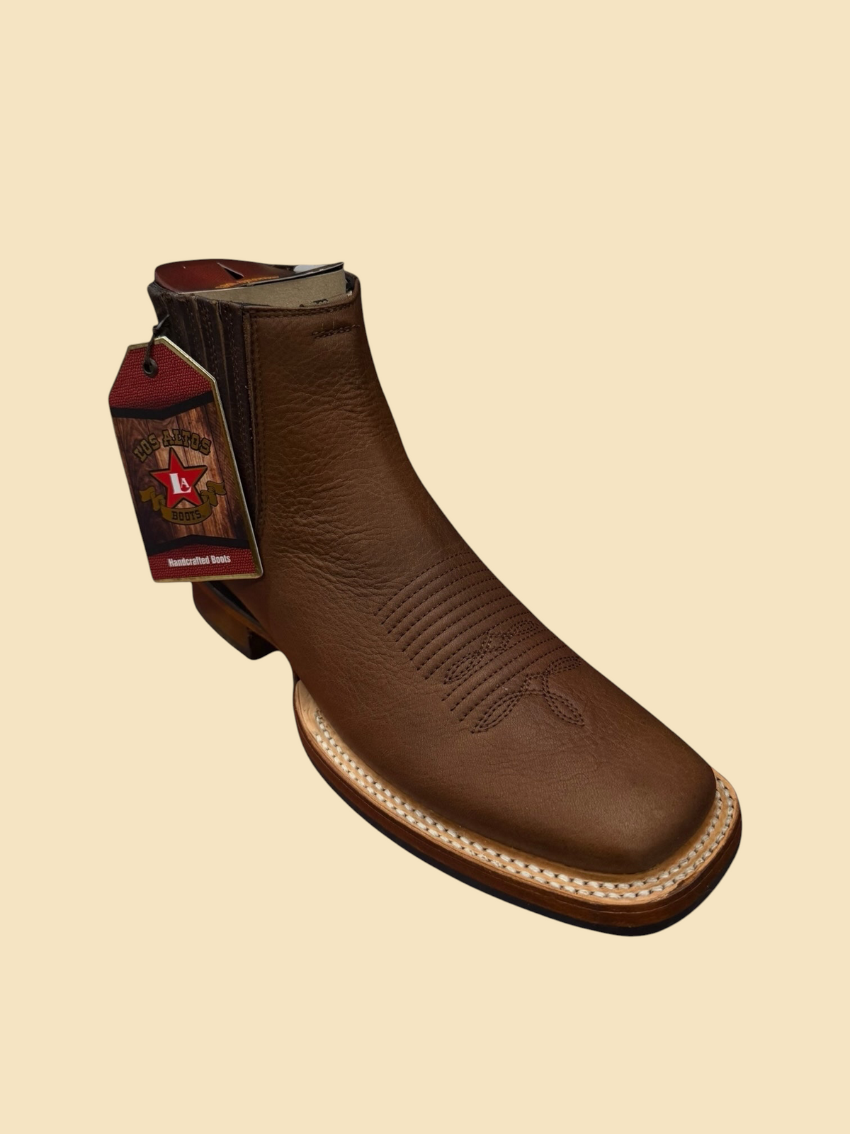 Lopez Fashion brown leather square toe Western ankle boots with intricate vamp stitching and elastic side panels.