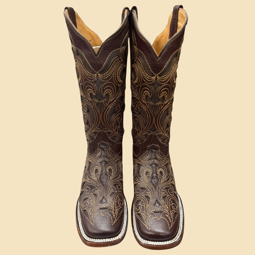 Lopez Fashion brown leather western cowboy boots with intricate light-toned decorative stitching and square toes.