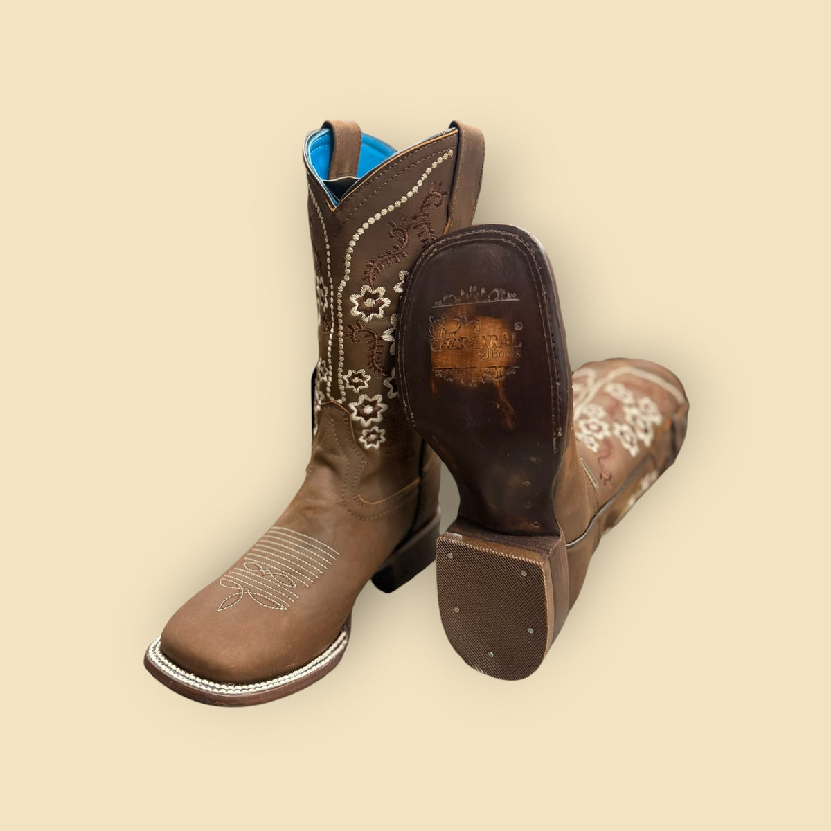 Lopez Fashion brown leather western boots with white floral embroidery, square toe, and vibrant blue interior lining.