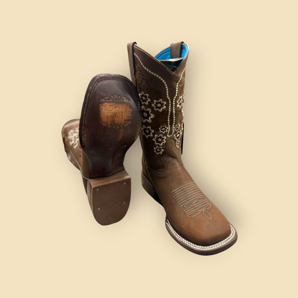 Lopez Fashion brown leather Western boots with white floral embroidery, square toe, and vibrant blue interior lining.