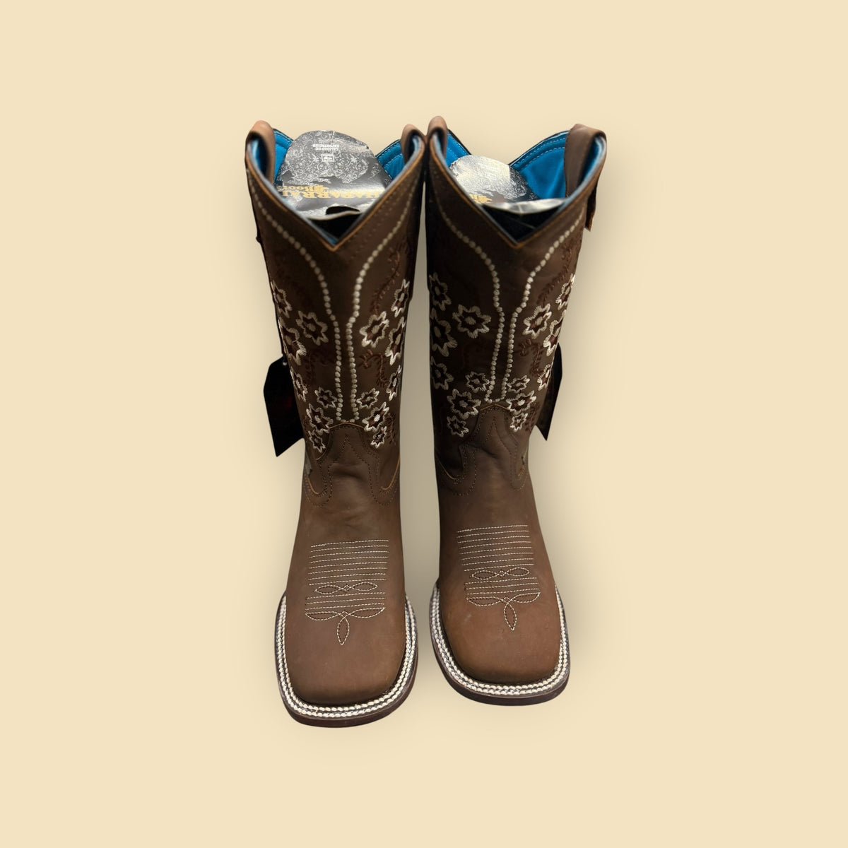 Lopez Fashion brown leather Western boots with white floral embroidery and square toe design
