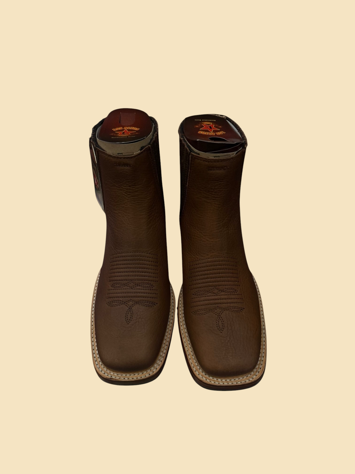 Lopez Fashion Los Altos brown leather square toe Western Chelsea boots with intricate vamp stitching