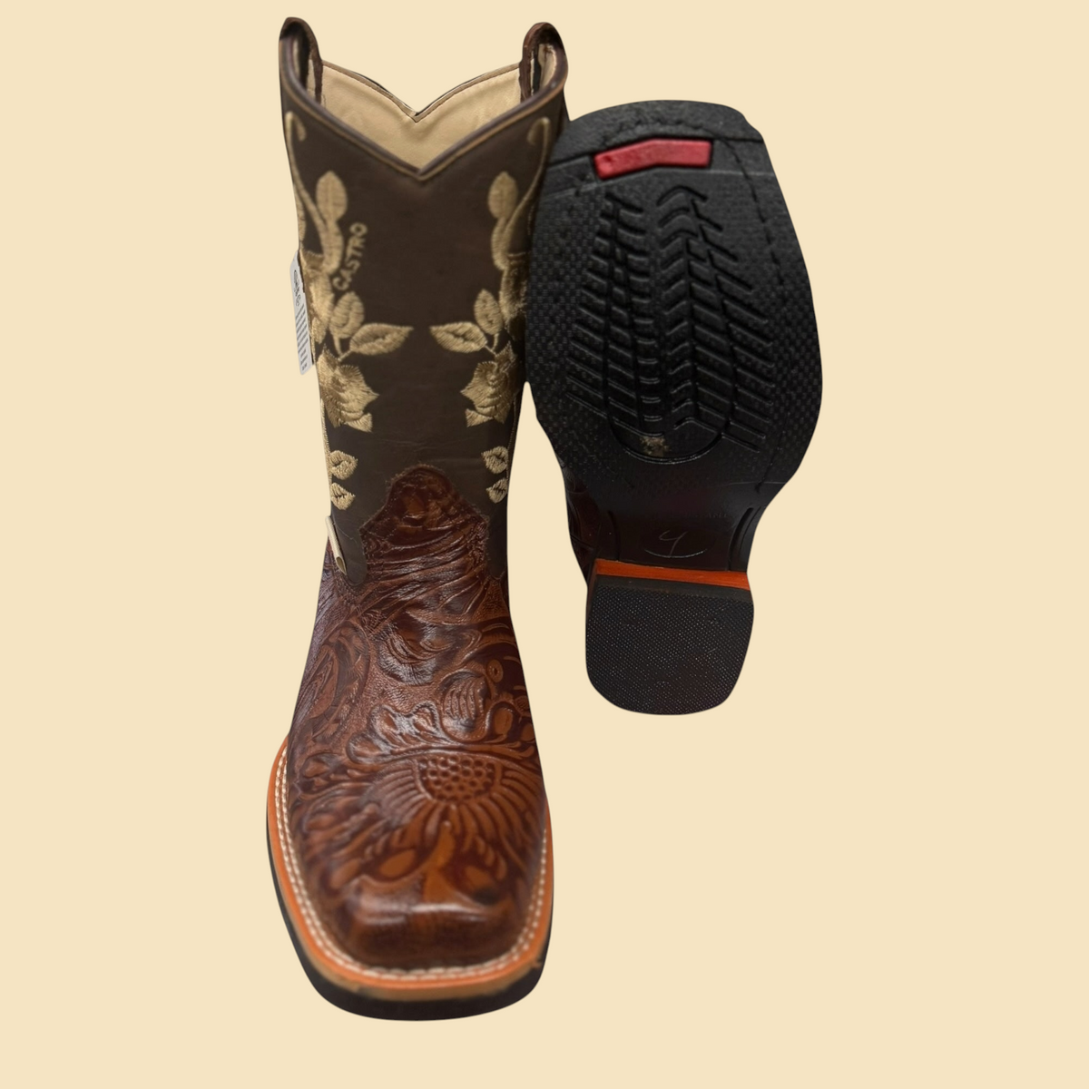 Lopez Fashion Castro brown leather cowboy boots with intricate floral embossing and golden shaft embroidery