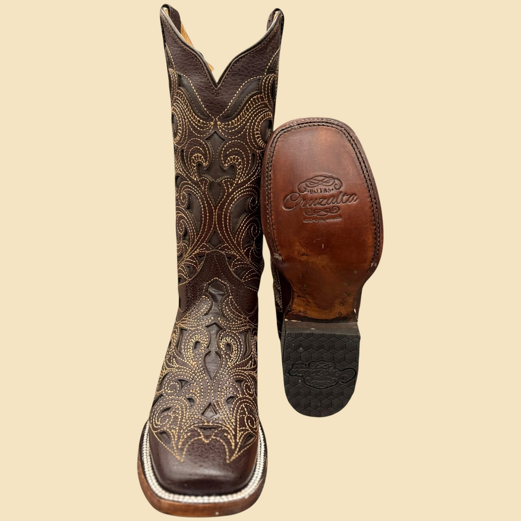 Lopez Fashion Cruzalca brown leather cowboy boots with square toe and intricate light-toned decorative embroidery