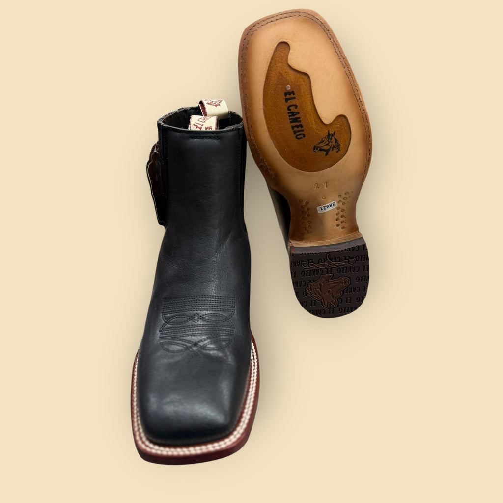 Lopez Fashion EL CANELO black leather square toe Western boots with intricate stitching and branded leather soles.