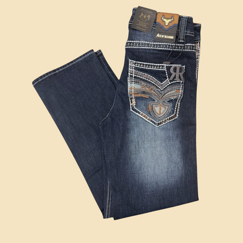 Lopez Fashion Ace of Diamond dark wash denim jeans with intricate back pocket embroidery and leather waist patch.