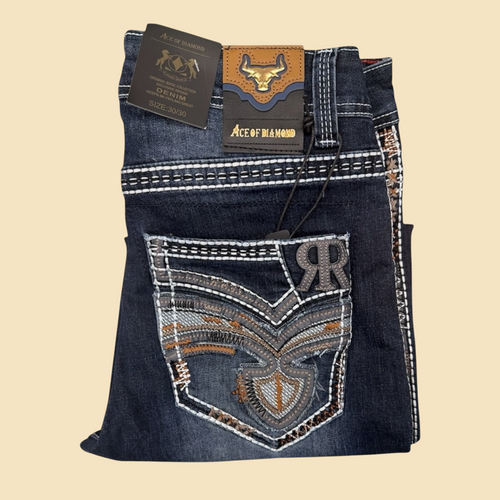 Lopez Fashion Ace of Diamond dark wash denim jeans with intricate pocket embroidery and branded leather waist patch