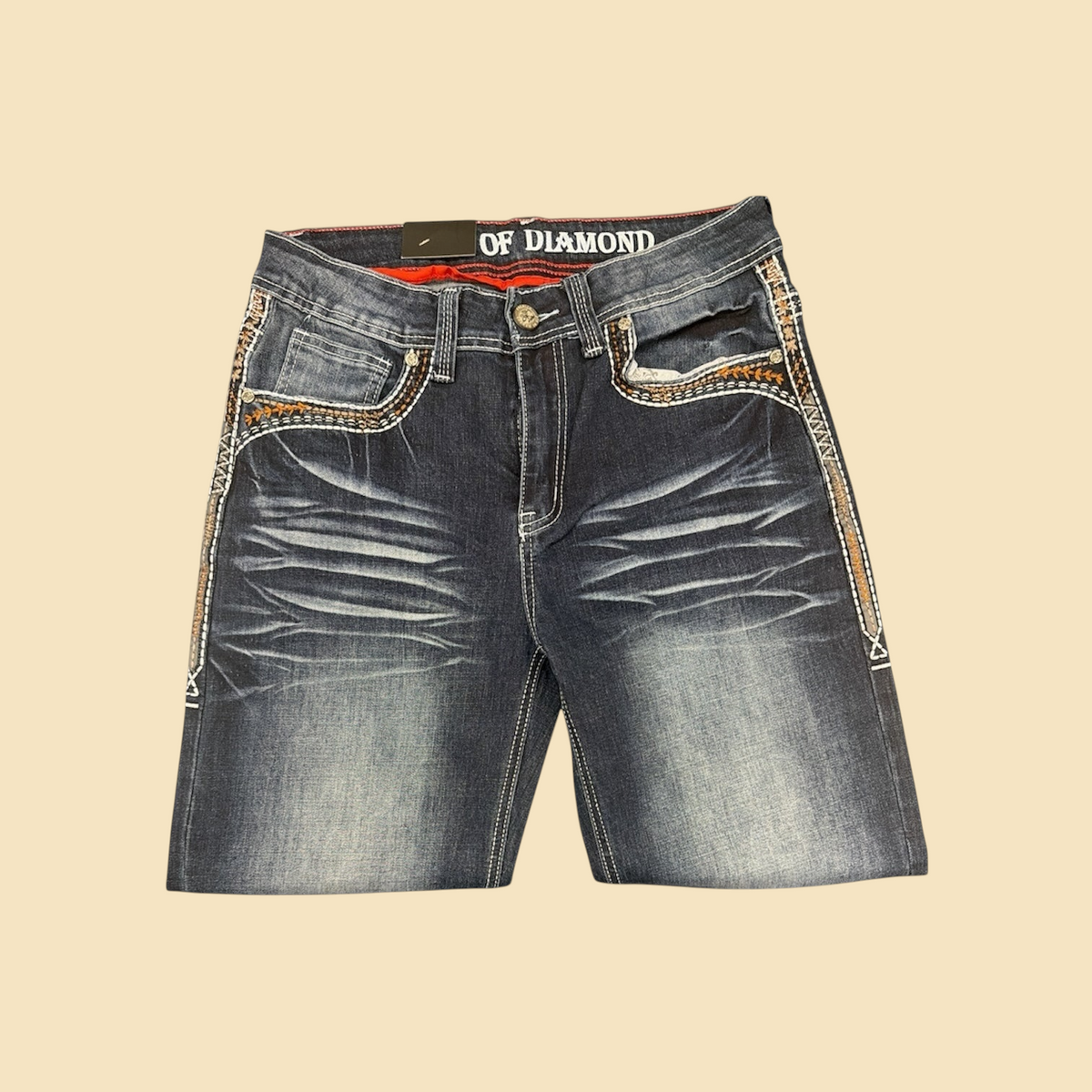 Lopez Fashion dark wash denim jeans with whiskering, intricate pocket embroidery, and contrast stitching details.