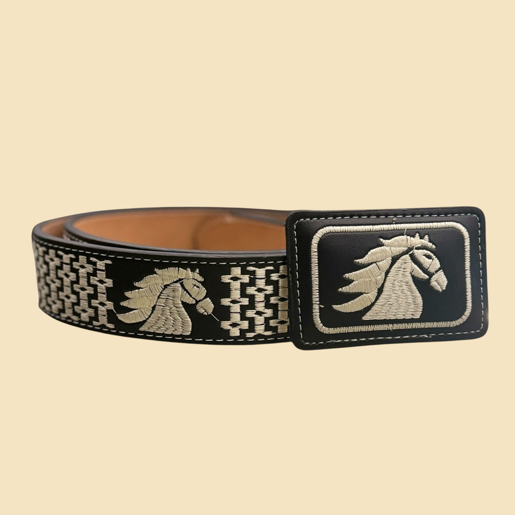 Lopez Fashion black leather western belt with white embroidered horse motifs and matching embroidered buckle
