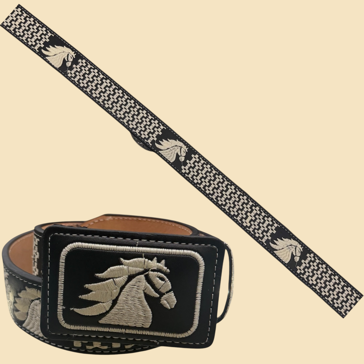 Lopez Fashion black leather western belt with white embroidered horse motifs and matching rectangular buckle