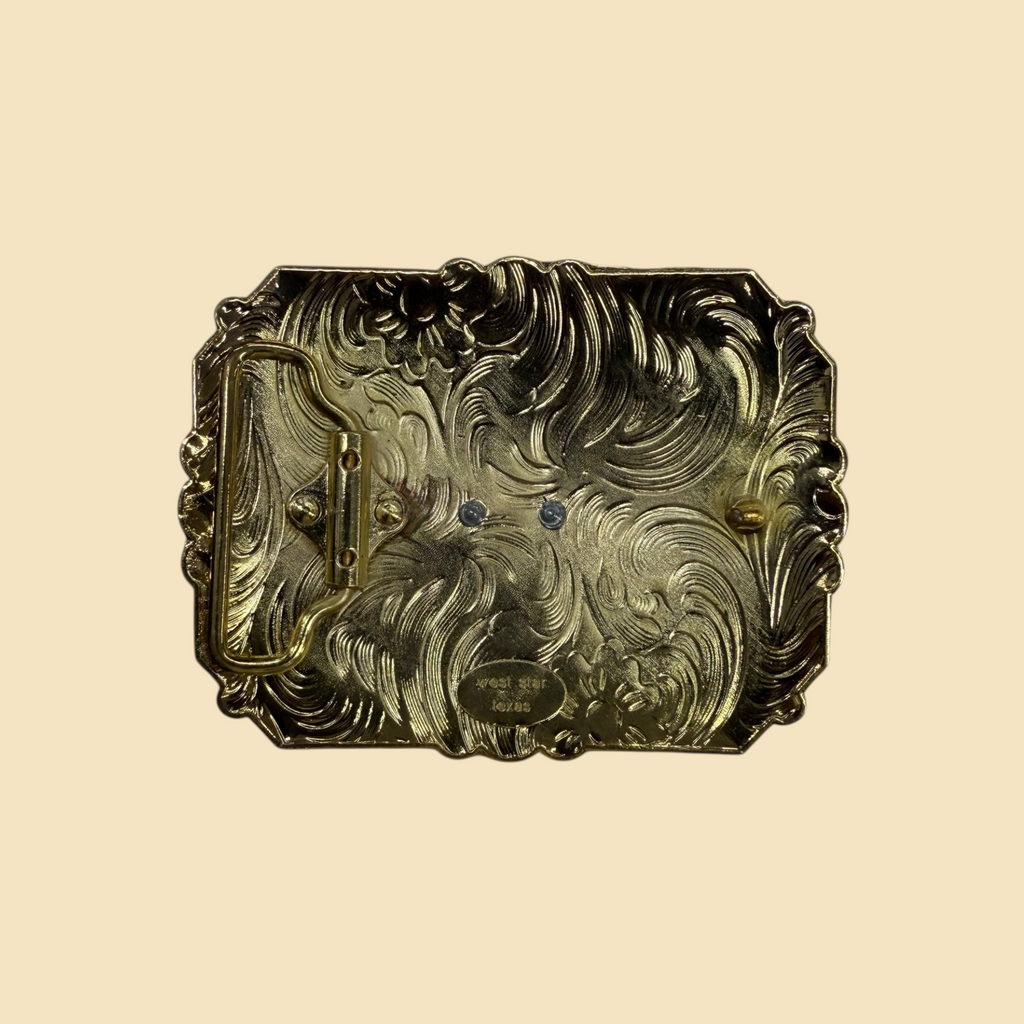 Lopez Fashion gold-toned rectangular belt buckle back view featuring intricate floral scrollwork and metal hardware